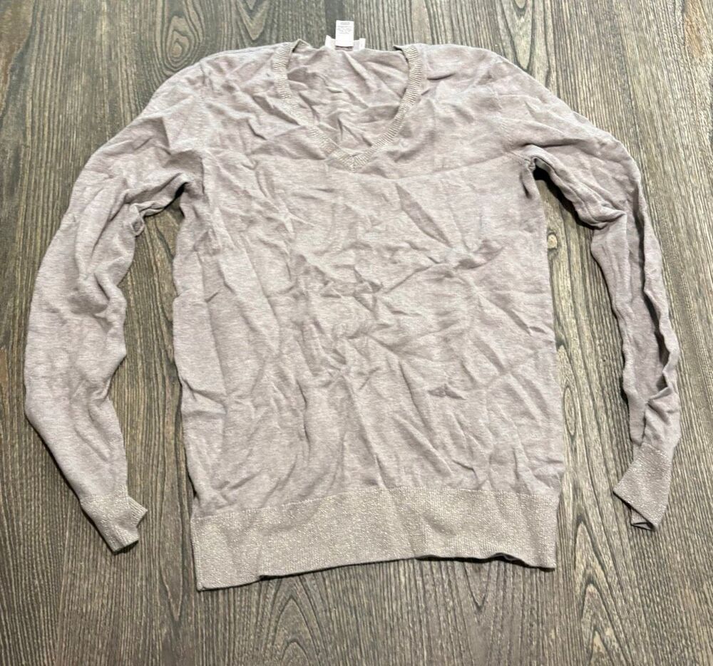 LOFT Womens Sweater V-Neck Metallic Trim Long Sleeve Pullover Gray Taupe Size S
